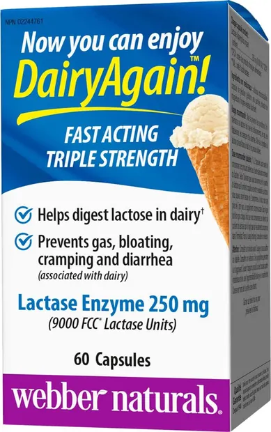 Lactase Enzyme Pentru intoleranță la lactoză, 250 mg, 60 capsule, Webber Naturals