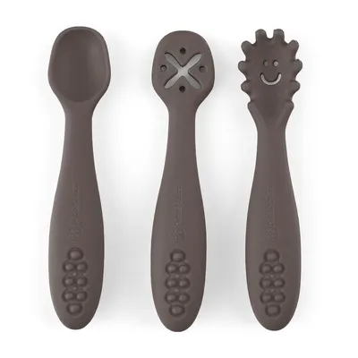 Set 3 lingurite, Petite&Mars, Take&Match, Din silicon, Diverse forme, Pentru supa, paste, alimente usoare, Dezvolta simturile si abilitatile senzoriale, Adecvate pentru masina de spalat vase, Fara BPA, 6 luni+, Bitter Cocoa, Maro