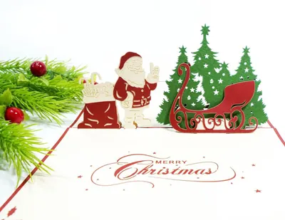 Felicitare Carte de felicitare Kiriori Pop-up - Moș Crăciun cu sanie