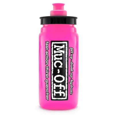 Bidon Muc-Off X Elite Fly 550 ml Roz, cu capac ergonomic.