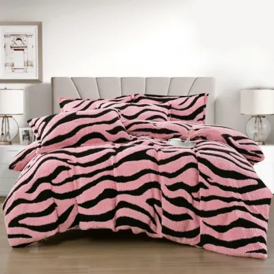 Lenjerie pat dublu, Super Pufoasa COCOLINO Sherpa, cu ELASTIC, 4 piese, Roz, Zebra Print