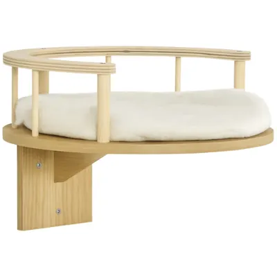 PawHut Perete pentru Pisici, Pat pentru Pisici, cu Protecție, Pernă, pentru Montare pe Perete, Stejar+crem, 34 x 34 x 10,5 cm | Aosom Romania
