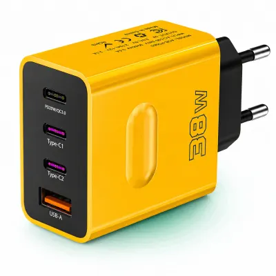 Incarcator Retea Timebox, 4 Porturi, 38W, 3 x Type-C, 1 x USB, Galben - Default Title