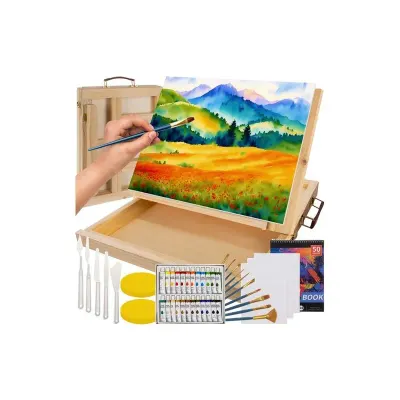 Set de pictura cu 46 de elemente, sevalet, valiza din lemn cu sertar, acuarele, pensule, 34x26x6.5 cm