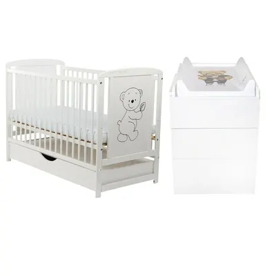 Set mobilier pentru copii, BabyNeeds: Patut din lemn de pin, cu sertar cu capac si somiera reglabila in 3 trepte, Timmi, 120x60 cm + Saltea cocos-burete-cocos, 12 cm + Comoda cu masuta de infasat, Alb