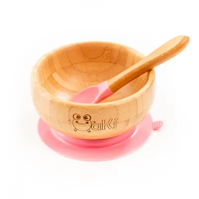 Set castron si farfurie cu lingurita pentru diversificare Oaki din bambus Elefant Roz