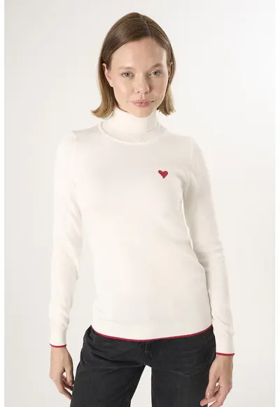 Pulover slim fit cu guler inalt - Crem