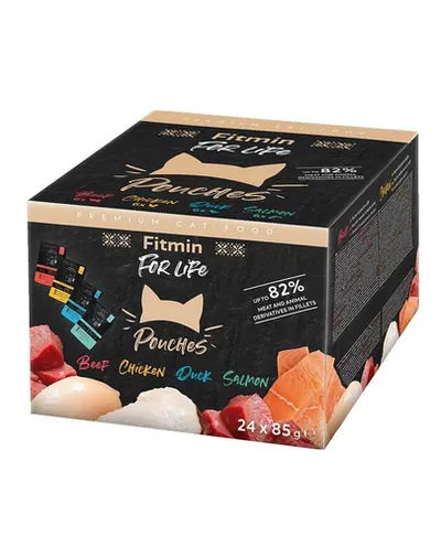 FITMIN For Life Cat Pouch Multipack 24x85g Plicuri hrana pisici, cu vita, rata, pui si somon in sos