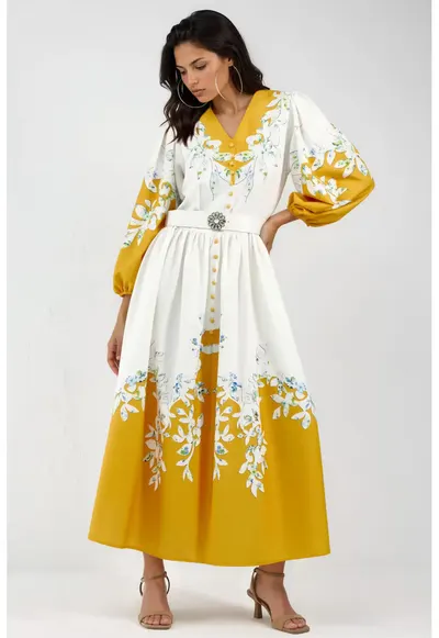 Rochie Maxi - Floral - Poliester - Maneci Lungi - Alb/Galben