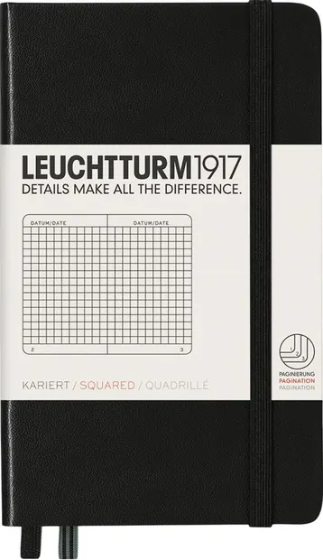 Agendă de buzunar Leuchtturm1917 - A6, pagini pătrate, neagră