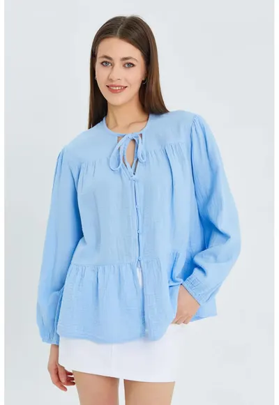 Camasa dama - bluza cu maneca lunga - croiala relaxata - albastru deschis - textil