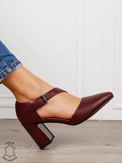 Pantofi dama eleganti din piele naturala cu bareta si toc gros CRL1634 Bordo