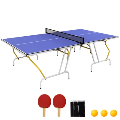 SPORTNOW Masa de Tenis de Masă pliabilă, inclusiv 2 rachete, 3 mingi, plasă, interior și exterior, cadru metalic, 274x152x76cm, Albastru | Aosom Romania
