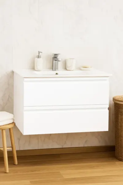 Set Baza front MDF si Lavoar seria 086, suspendata, cu sertare, montat, 80 cm, alb