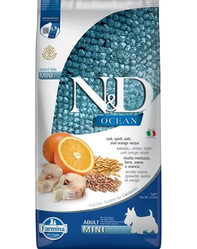 FARMINA N&D Ocean Adult Mini cu cod, spelat, ovăz, portocale 7 kg