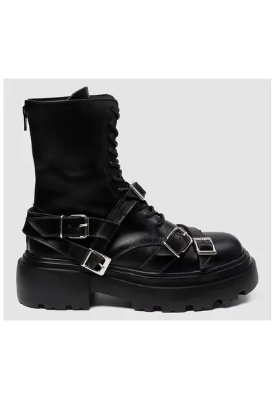 Ghete din piele cu catarame decorative - Negru - Negru