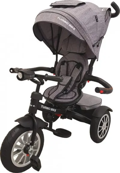 Tricicleta pentru copii Baby Care Turbo Bike Gri Jeans cu Far luminos, Roti din cauciuc, Pozitie somn, Pedale si maner pentru parinti, Scaun reversibil cu invartire 360 grade , Cadru metalic, Dimensiuni 110X45X90 cm