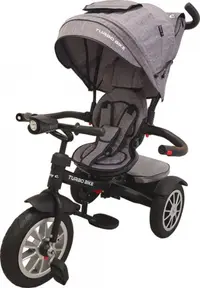 Tricicleta pentru copii Baby Care Turbo Bike Gri Jeans cu Far luminos, Roti din cauciuc, Pozitie somn, Pedale si maner pentru parinti, Scaun reversibil cu invartire 360 grade , Cadru metalic, Dimensiuni 110X45X90 cm