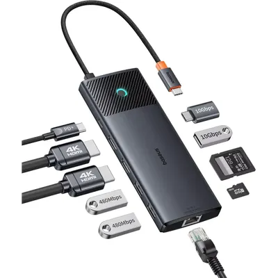 Hub USB-C Baseus Dual Display, 1 x USB-A 3.0 - 2 x USB-A - 2 x USB-C - 2 x HDMI - 1 x RJ45 - 1 x SD - 1 x microSD, Negru B00061800123-01