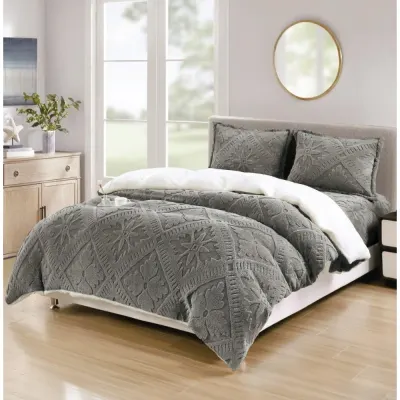 Lenjerie de Pat Dublu, CoCoLiNo Ultra Pufoasa, cu Blanita Sherpa Alba, 4 piese, Cearsaf cu ELASTIC, Model Traditional 3D, Gri inchis