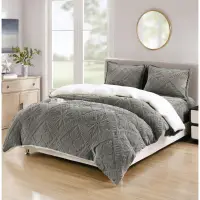 Lenjerie de Pat Dublu, CoCoLiNo Ultra Pufoasa, cu Blanita Sherpa Alba, 4 piese, Cearsaf cu ELASTIC, Model Traditional 3D, Gri inchis