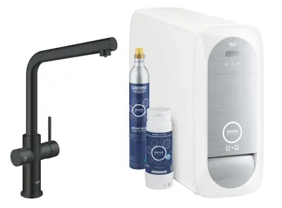 Baterie de bucatarie Grohe Blue Home 31454KS1, 3/8 inch, monocomanda, pipa inalta, filtrare, racire, apa carbogazoasa, cartus ceramic, pivotanta, mat, Negru