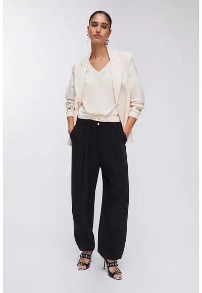 Pantaloni relaxed fit cu talie ajustabila - Negru