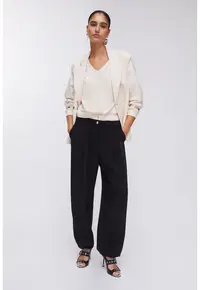 Pantaloni relaxed fit cu talie ajustabila - Negru