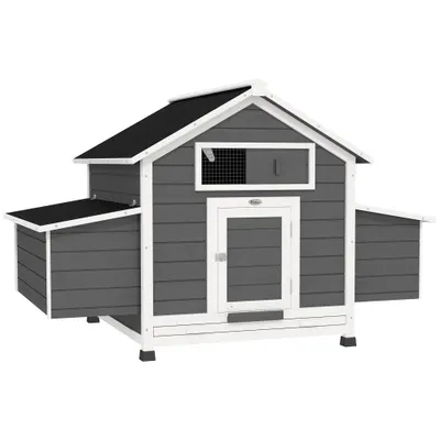 PawHut Coteț din Lemn pentru Exterior cu 2 Cuiburi de Ouă, Adăpost pentru Găini cu Tavă Detașabilă și Acoperiș din Asfalt, pentru 2-4 Găini, Gri | Aosom Romania