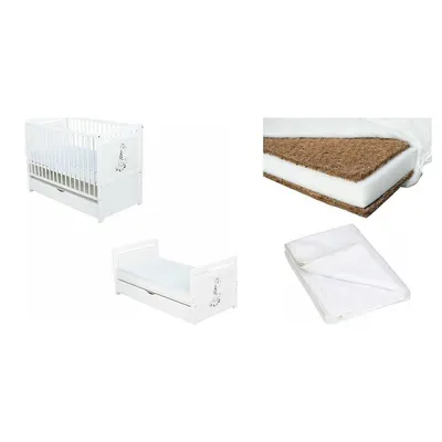 Set Patut din lemn Nadia II Girafa 120x60 cm + Saltea Cocos Confort II + Protectie impermeabila Qmini
