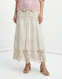 Fusta lunga din bumbac cu broderie florala si croi lejer, eleganta, bej