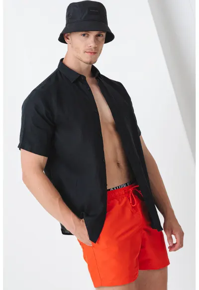 Pantaloni scurti de baie cu snur si banda logo - Coral