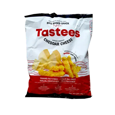 Snack din orez cu aroma de branza cheddar, 65g, Tastees