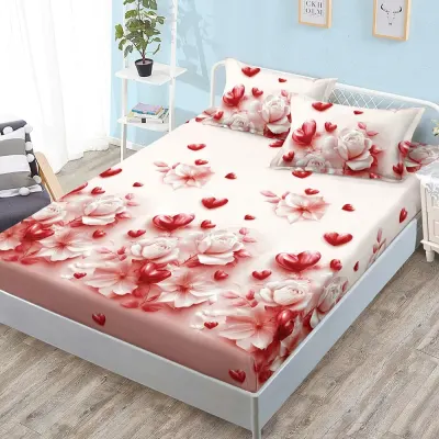 Cearsaf cu Elastic, Bumbac Satinat, 180x200 cm + 2 Fete de Perna 50x70 cm, Rosu, inimioare si flori