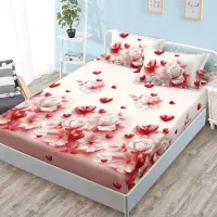 Cearsaf cu Elastic, Bumbac Satinat, 180x200 cm + 2 Fete de Perna 50x70 cm, Rosu, inimioare si flori