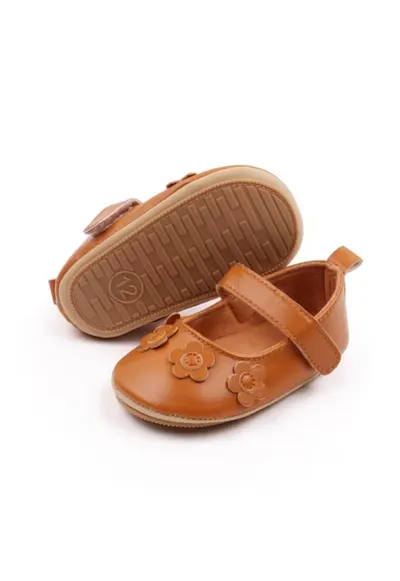 Pantofi SuperBaby - Model AL 13417 cu flori aplicate - Piele ecologica - Fete - 6-9 luni - Maro