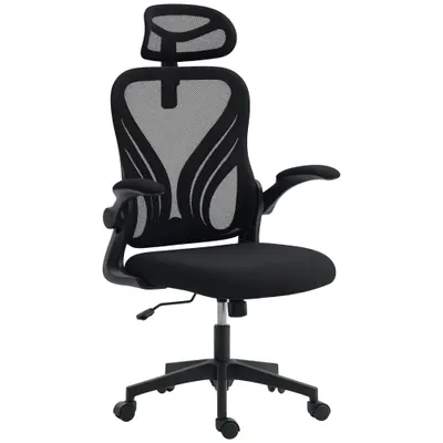 HOMCOM Scaun de Birou Ergonomic cu Brațe Rabatabile și Spătar Pliabil, Scaun de Birou cu Funcție Balansoar, Tetieră Reglabilă, Șezut Rotativ, Negru | Aosom Romania