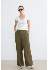 Pantaloni relaxed-fit cu banda elastica in talie - Verde masliniu/Kaki inchis