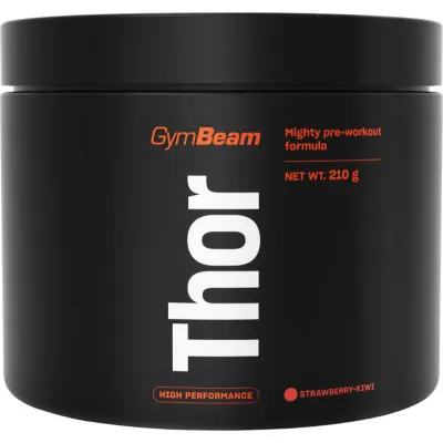 GymBeam Thor Pre-Workout favorizează performanțele sportive cu cafeina aroma Strawberry & Kiwi 210 g