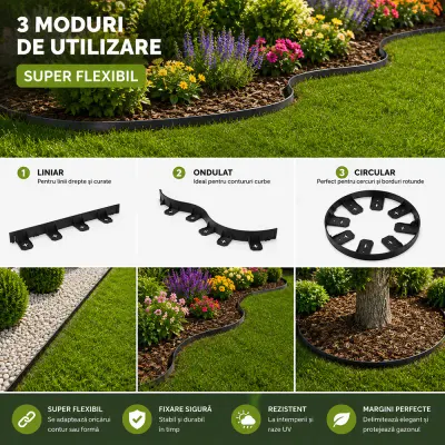 Separator gazon super flexibil 100 cm x 4.5 cm, bordura delimitare, negru