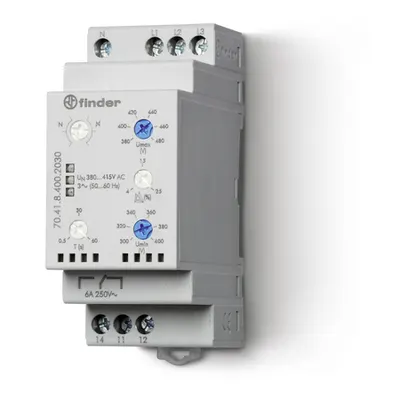 Releu de supraveghere/monitorizare și control - 1 contact, 6 A, Fara memorarea defectului, 380...415 V, C (contact comutator), C.A. (50/60Hz), supraveghere a rețelei trifazate de C.A. cu neutrul disponibil, 2 valori reglabile, Intarziere la deconectare ș