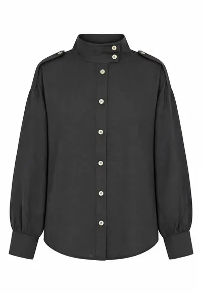 Camasa casual - guler mandarin - negru - 90% modal - 10% poliester