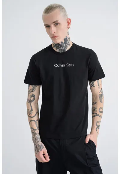 Tricou cu decolteu la baza gatului si imprimeu logo - Negru/Alb optic