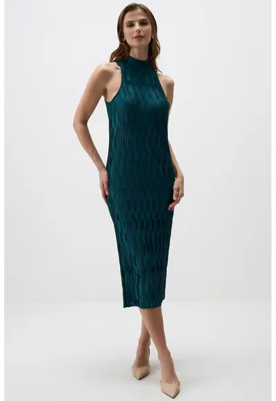 Rochie midi cu decolteu halter - Albastru petrol