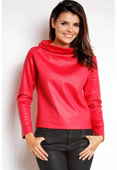 Bluza casual cu guler inalt si maneci lungi din tricot lucios - - Roz