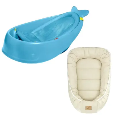 Set Cadita inteligenta, Skip Hop, Pentru 3 etape de crestere, Albastru si cosulet bebelus, Qmini, 55 x 75 cm, Husa 100% muselina dubla, Beige