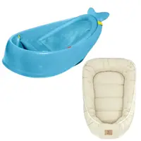 Set Cadita inteligenta, Skip Hop, Pentru 3 etape de crestere, Albastru si cosulet bebelus, Qmini, 55 x 75 cm, Husa 100% muselina dubla, Beige