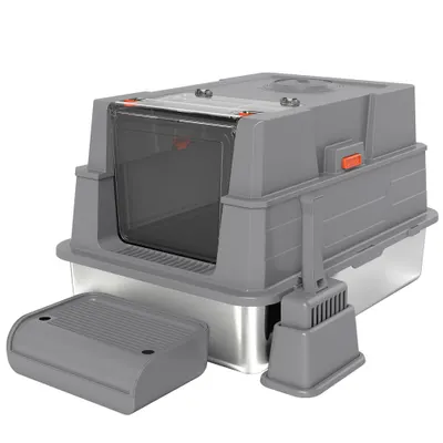 PawHut Litieră XXL din oțel inoxidabil 130 L cu capac rabatabil 180°, pereți înalți, lopățică, pedală 70x50x43cm Gri | Aosom Romania