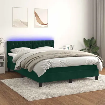 vidaXL Pat cu arcuri, saltea și LED, verde închis, 140x200 cm, catifea