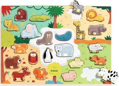 Puzzle din lemn Djeco - Animale din întreaga lume, 22 piese